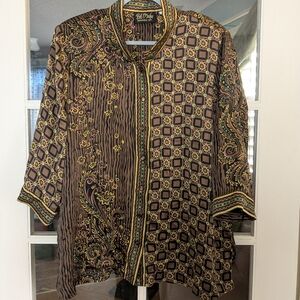 Vintage Bob Mackie Silk Wearable Art 70s Style Button Up Shirt Size 1X Floral